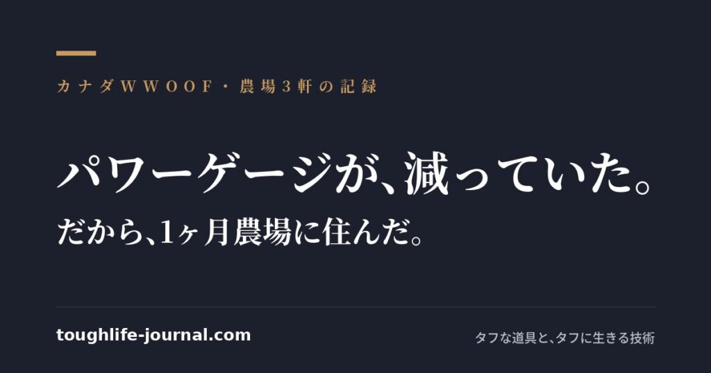 濃紺の背景にゴールドの装飾と白の明朝体で『パワーゲージが、減っていた。だから、1ヶ月農場に住んだ。』と書かれたテキスト画像